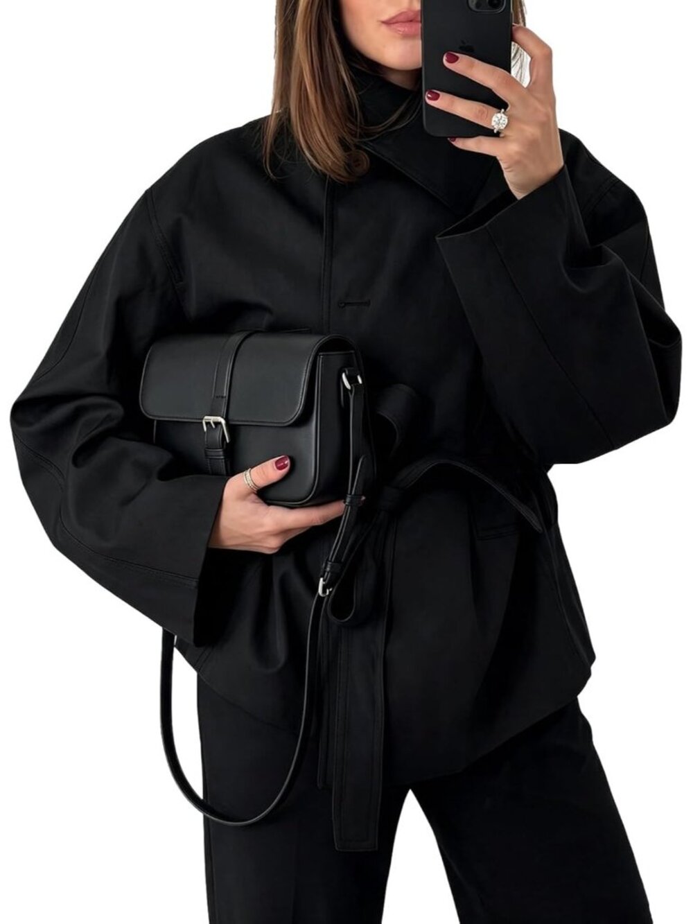 Woman Black Jacket Long Sleeved Button Casual Loose Vintage Windbreaker Short